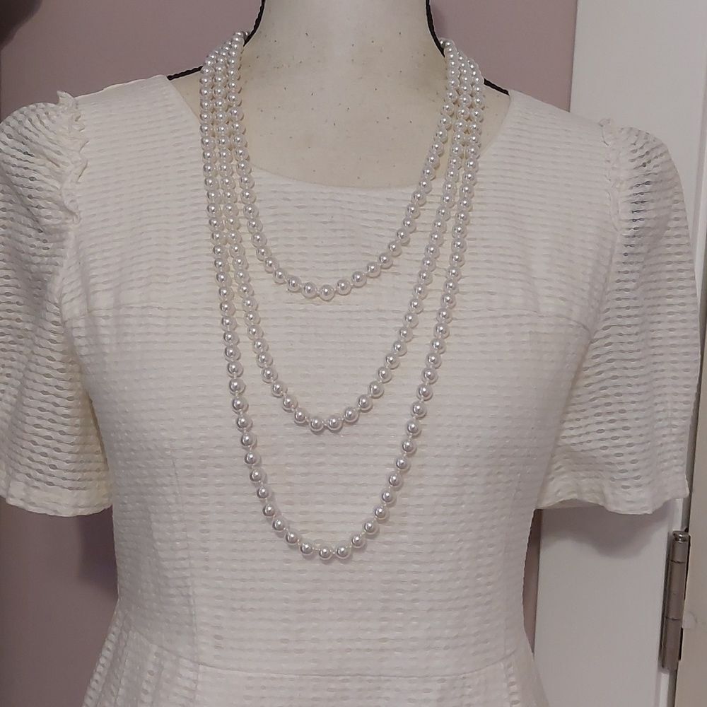 Vintage Extra Long Faux Pearls Hand Knotted Bead Necklace Belt Fish Hook Clasp